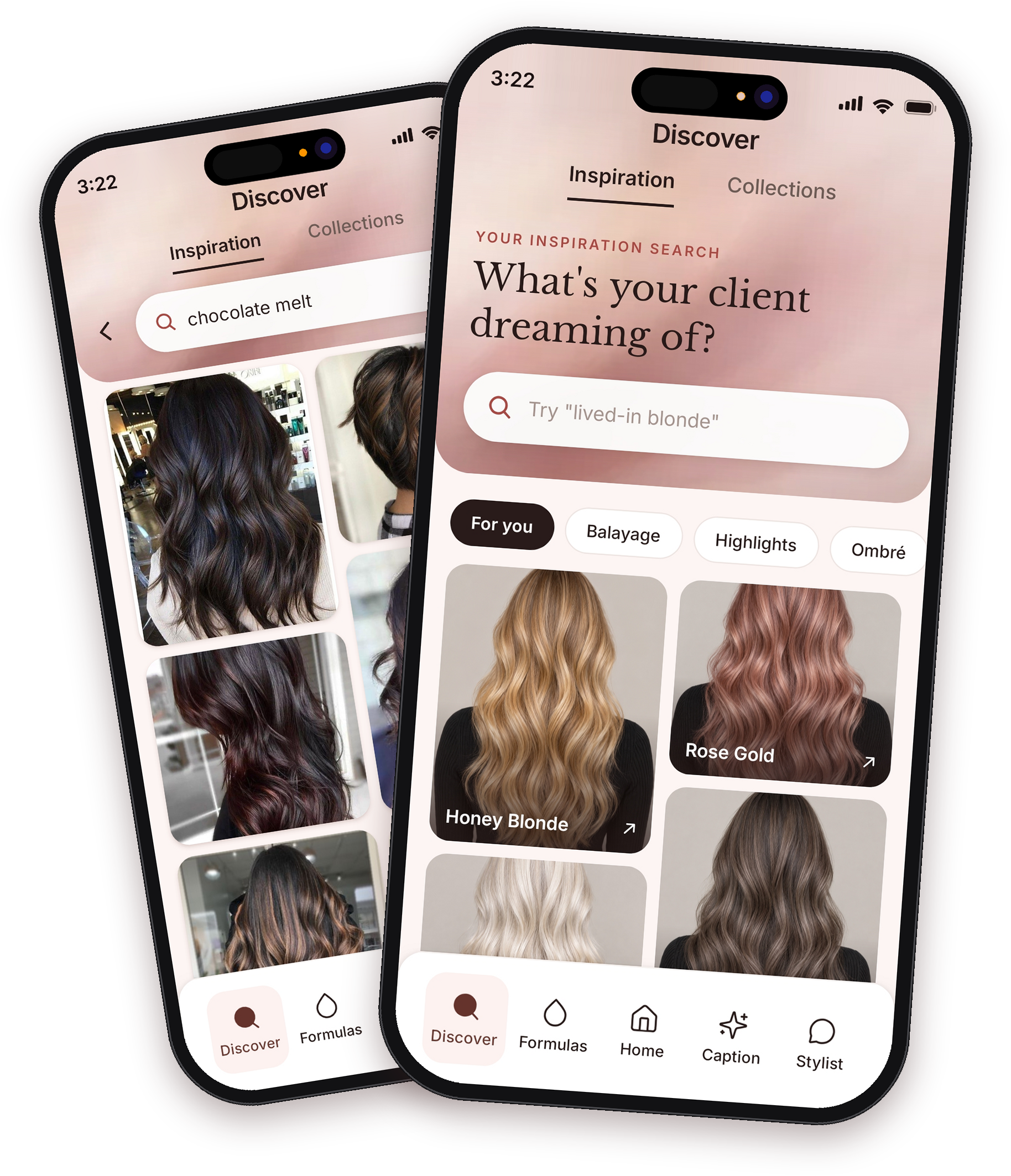 FormulaFinder Discover screen showing trending hair color inspiration and search results
